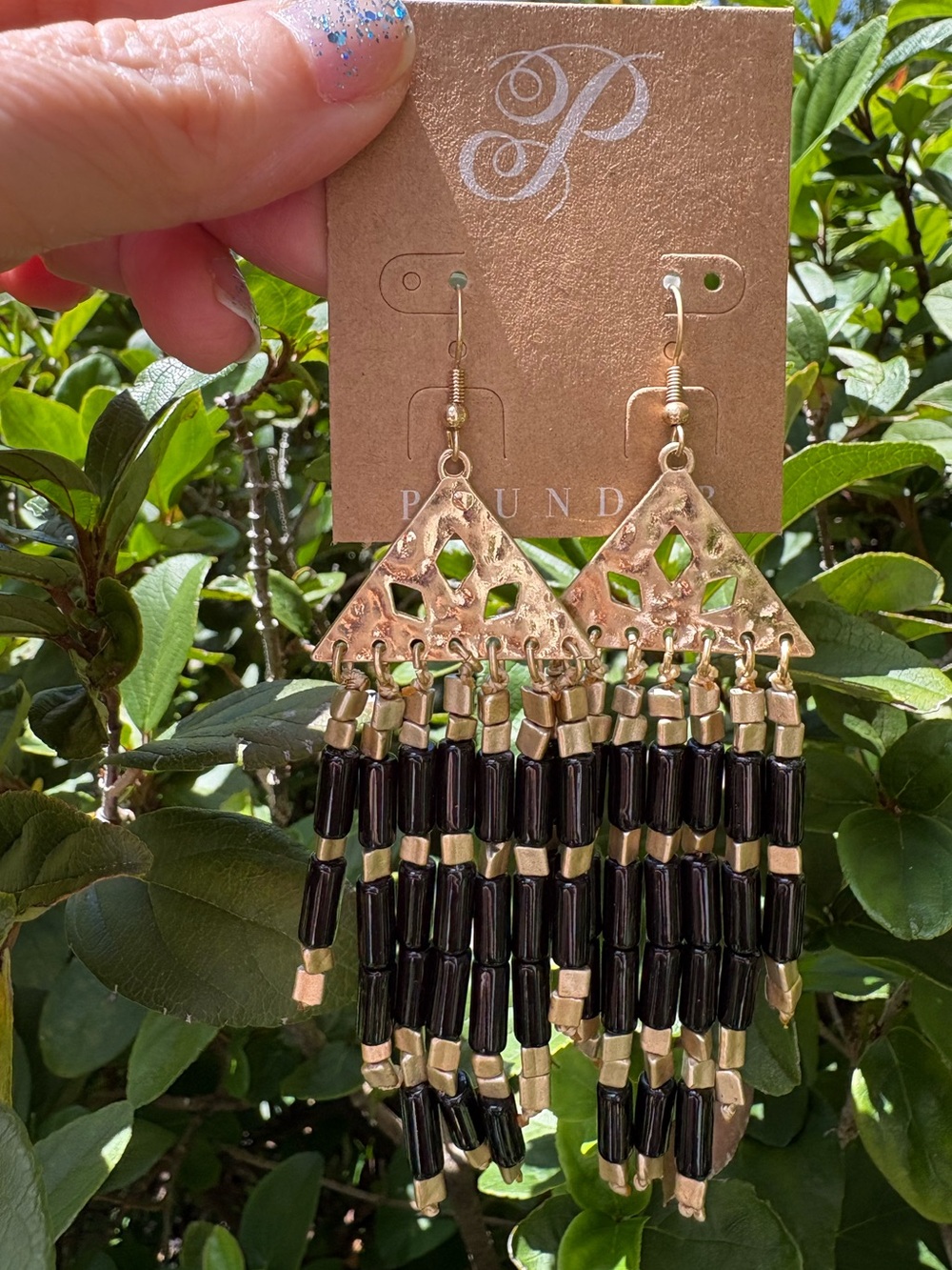 Matte Gold-Tone Black Beaded Fringe Drop Earrings - Women Jewelry - Picture 2 of 3